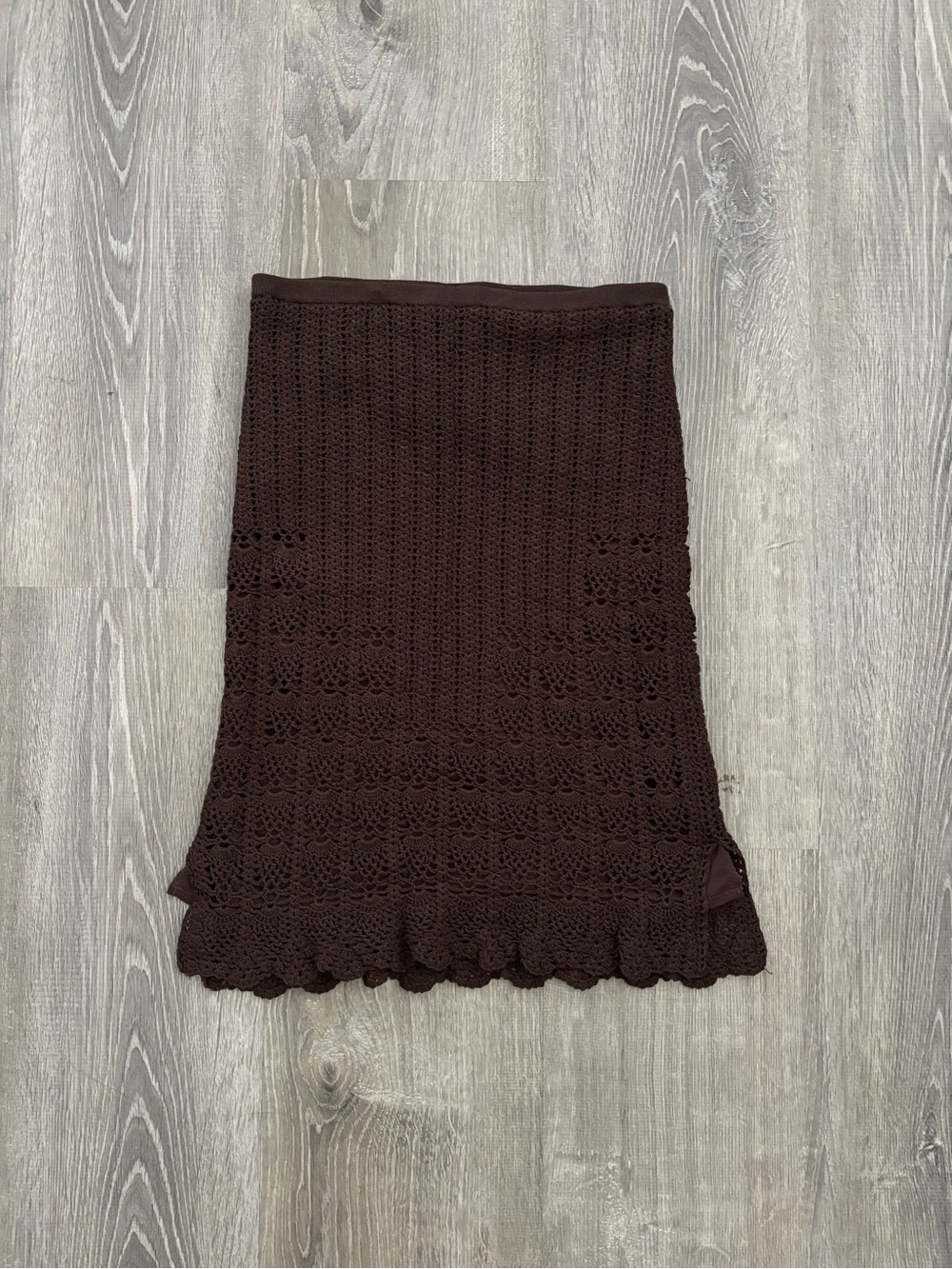 Vintage Cynthia Steffe brown crochet knit flounce skirt